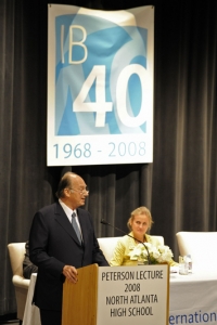 His Highness the Aga Khan, speaks at the annual meeting of the International Baccalaureate as Ms Monique Seefried, Chairman, IB 